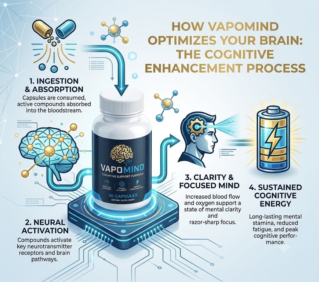 Graphic titled How VapoMind Optimizes Your Brain with four steps: ingestion and absorption, neural activation, clarity and focused mind and sustained cognitive energy